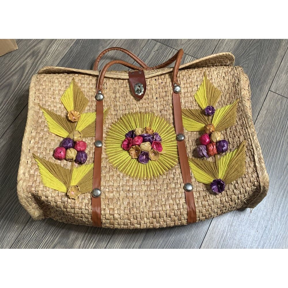 Vintage Acapulco Straw‎ Woven Large Shopper Tote Beach Bag Purse 3D Flowers